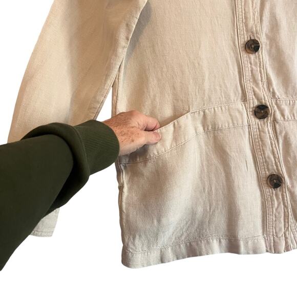 Nicole Miller Khaki Linen Safari Jacket Blazer Womens Small Casual Coastal - Picture 2 of 9